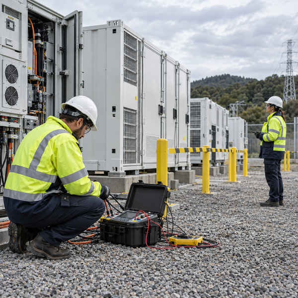 Engineers running a controlled equipment test beside a utility-scale battery system, with measurement instruments and safety controls clearly visible.
