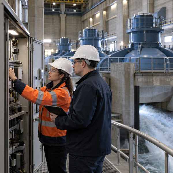 Plant engineer and cyber specialist perform a controlled access check inside a hydroelectric power station