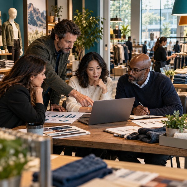 Retail leaders and operational team members reviewing data and performance information together in a store environment to assess current data maturity and define future capabilities.
