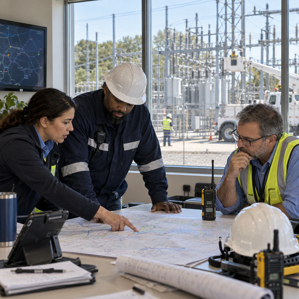 A utility operations team coordinates field activity with a substation visible through the control-room windows.
