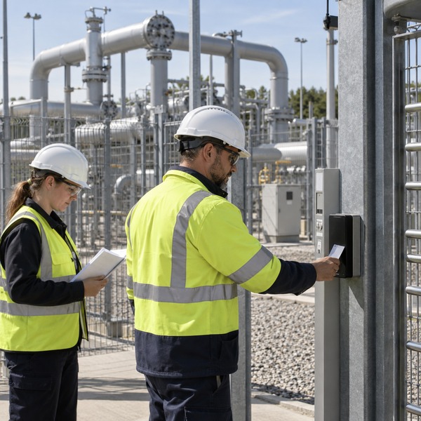 Utility operators verify physical access and a maintenance permit at a secured gas network facility with visible industrial pipework.