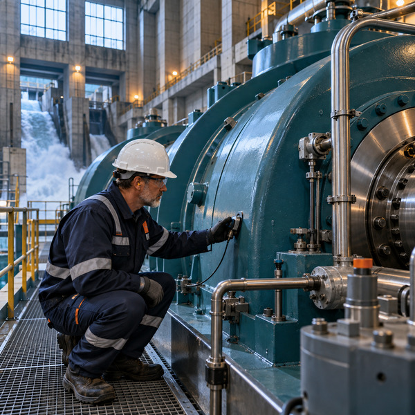 An engineer performs a hands-on inspection of a hydroelectric turbine using a rugged sensor instrument inside a power station turbine hall.