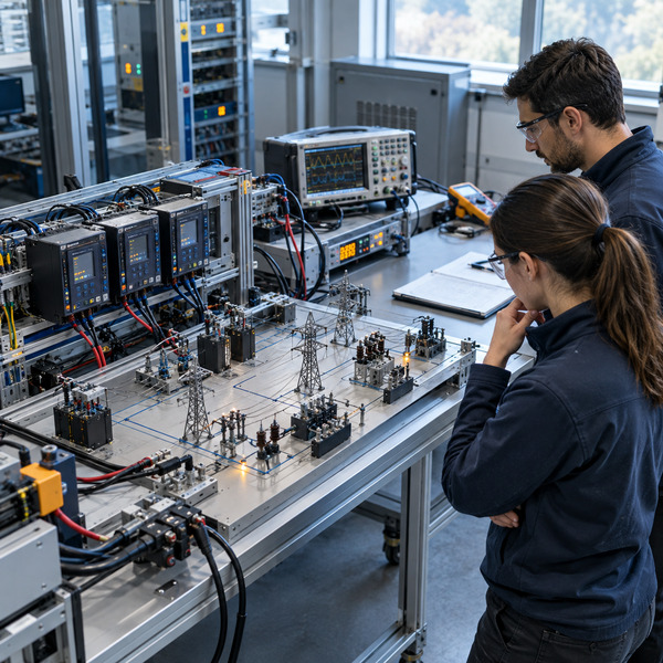 Utility engineers observing a hardware-in-the-loop grid experiment with relays and measurement equipment.