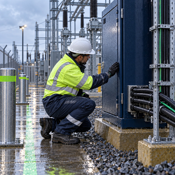 Engineer checking a secure communications cabinet and protected control wiring inside a rain-wet utility substation
