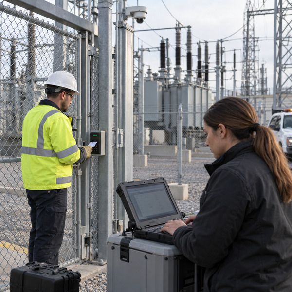 Utility and cybersecurity specialists review secure access controls beside fenced substation infrastructure.