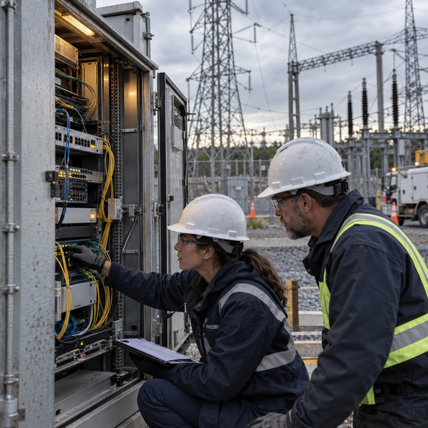 Cybersecurity and field specialists inspect fiber paths and communications hardware in an outdoor transmission-substation enclosure.