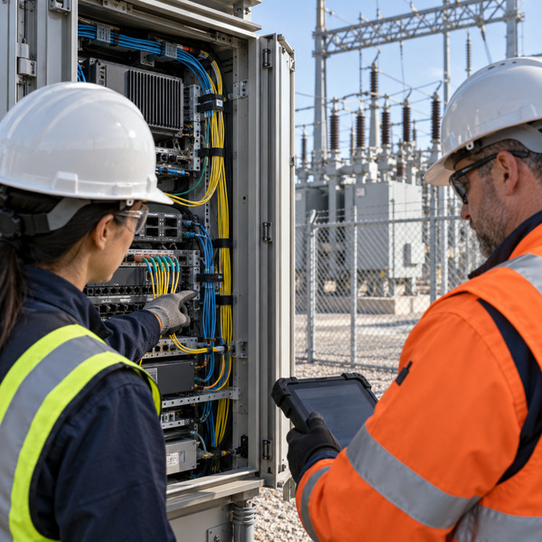 Cybersecurity specialist and field technician inspecting fibre connections and rugged network equipment beside an electrical substation.