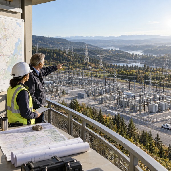 Utility leaders review a physical rollout plan from a balcony overlooking a regional substation and branching transmission network.