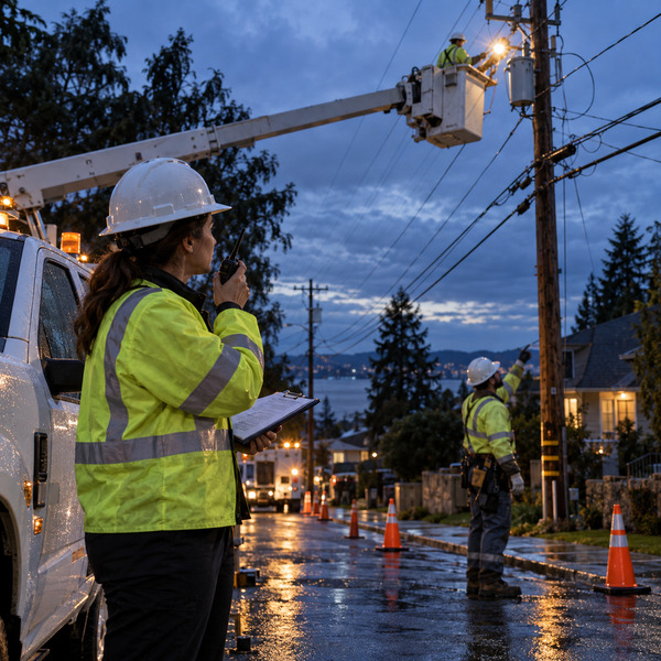 Dispatch operator and field technician coordinate a service restoration beside utility vehicles and visible overhead distribution infrastructure.