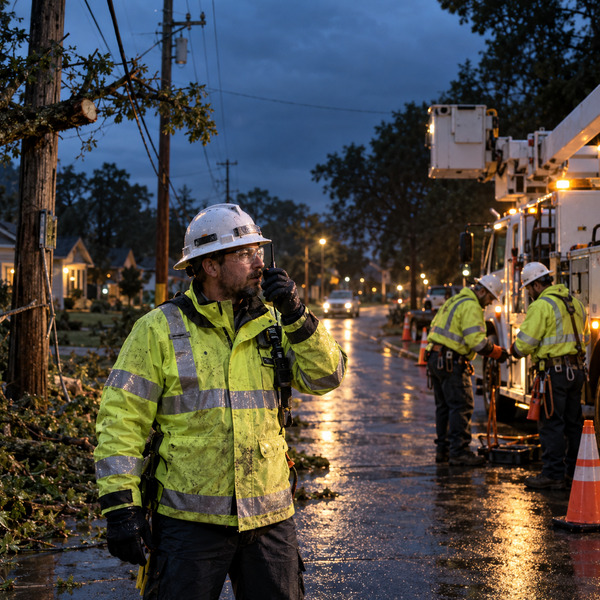 A utility field crew coordinates storm restoration beside distribution lines and service vehicles on a wet street at dusk.