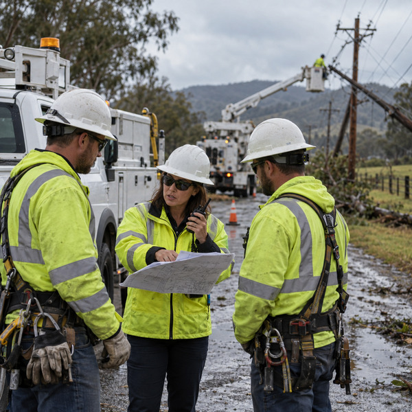 A field supervisor briefs lineworkers with a switching plan during storm restoration beside damaged distribution infrastructure.