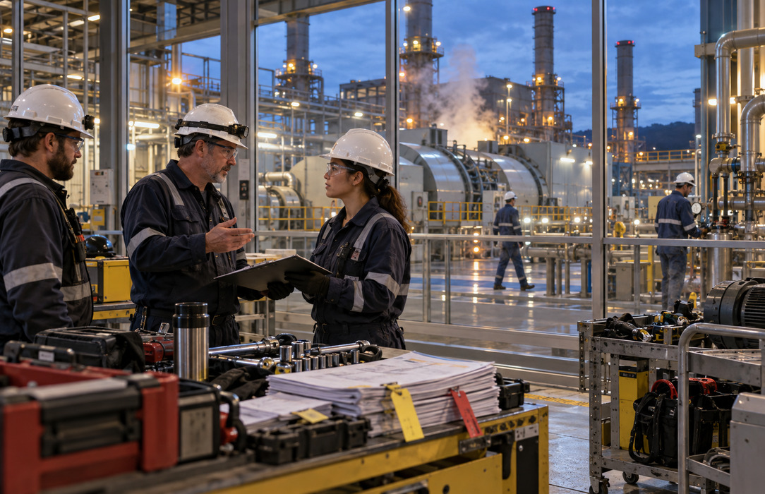 Maintenance crews complete a shift handover while a power generation plant continues operating in the background.