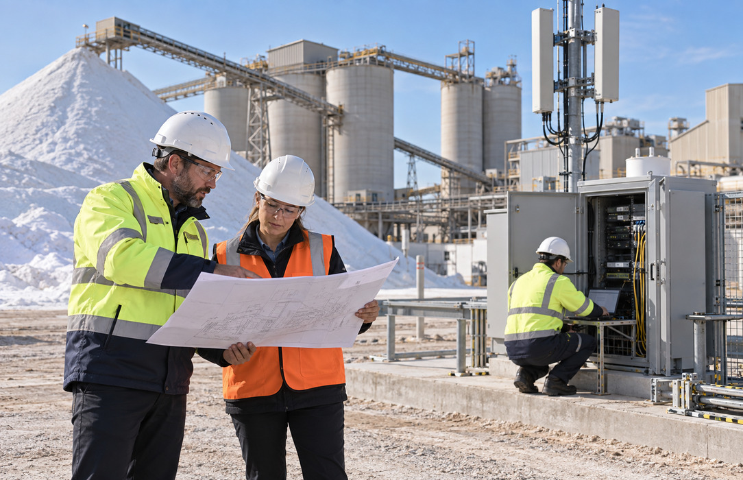 Network and plant specialists review a site plan while commissioning a private network cabinet beside salt storage and processing infrastructure