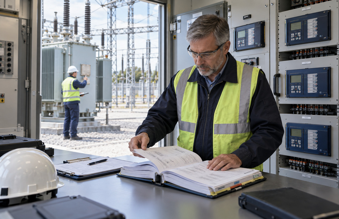 A senior electricity asset engineer reviews technical records beside protection relays while a colleague checks transformer equipment outside the substation room.