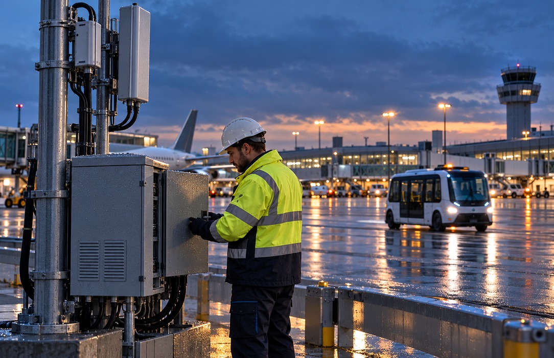 Communications engineer inspecting a private 5G small-cell installation on a wet airport apron as an autonomous shuttle operates nearby at dusk.