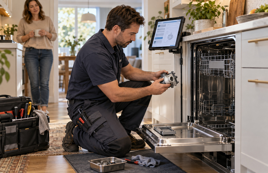 Field technician repairing a dishwasher in a customer home with a rugged tablet supporting the service workflow.
