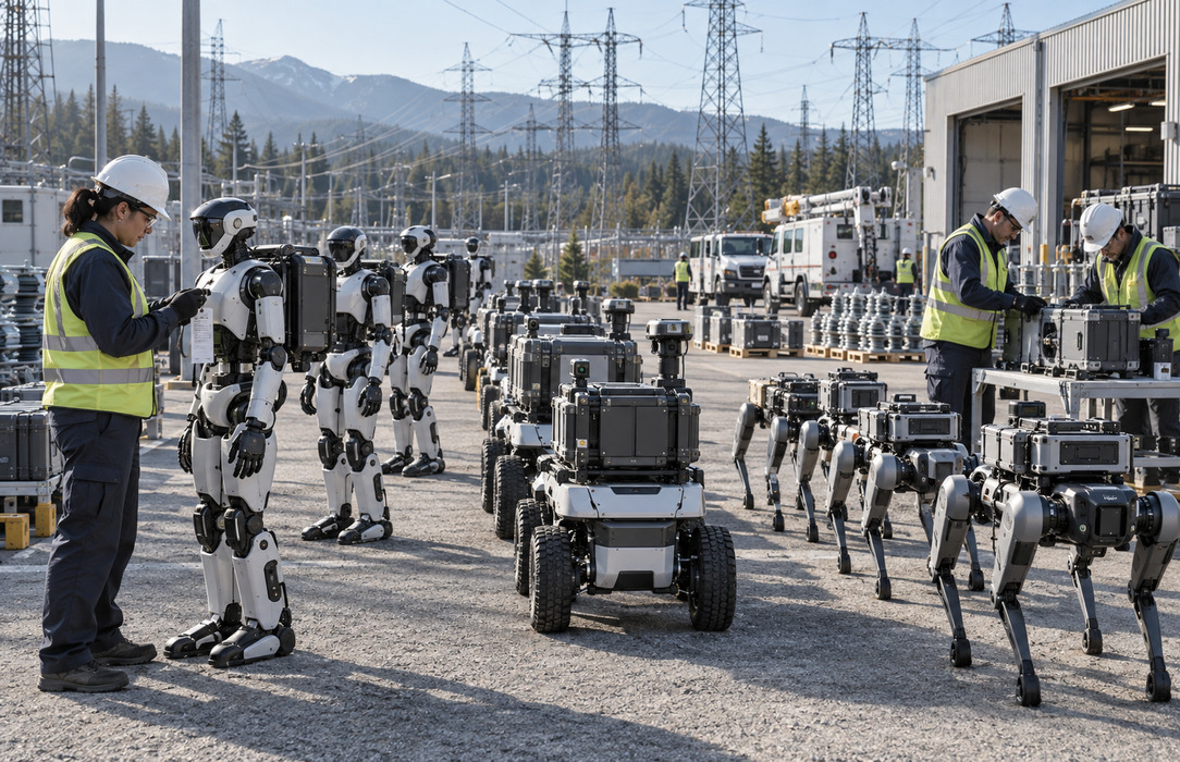 Utility technicians prepare a mixed fleet of humanoid, wheeled and quadruped robots in a transmission maintenance staging area.