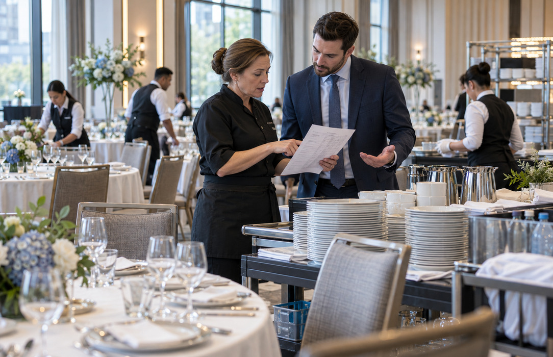 A catering manager and supplier representative resolve an order discrepancy while staff prepare a hotel banquet service.