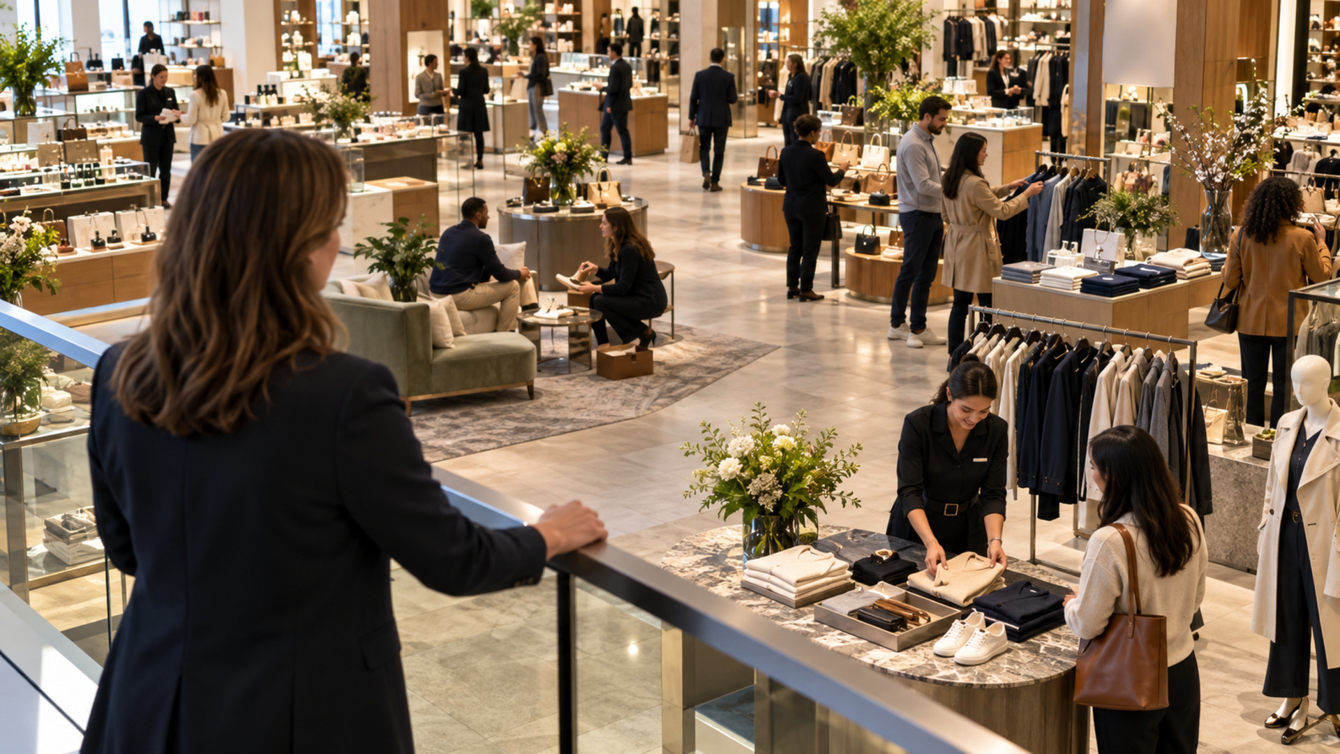 A retail leader overlooks an active department store as an associate assists a customer at a service table.