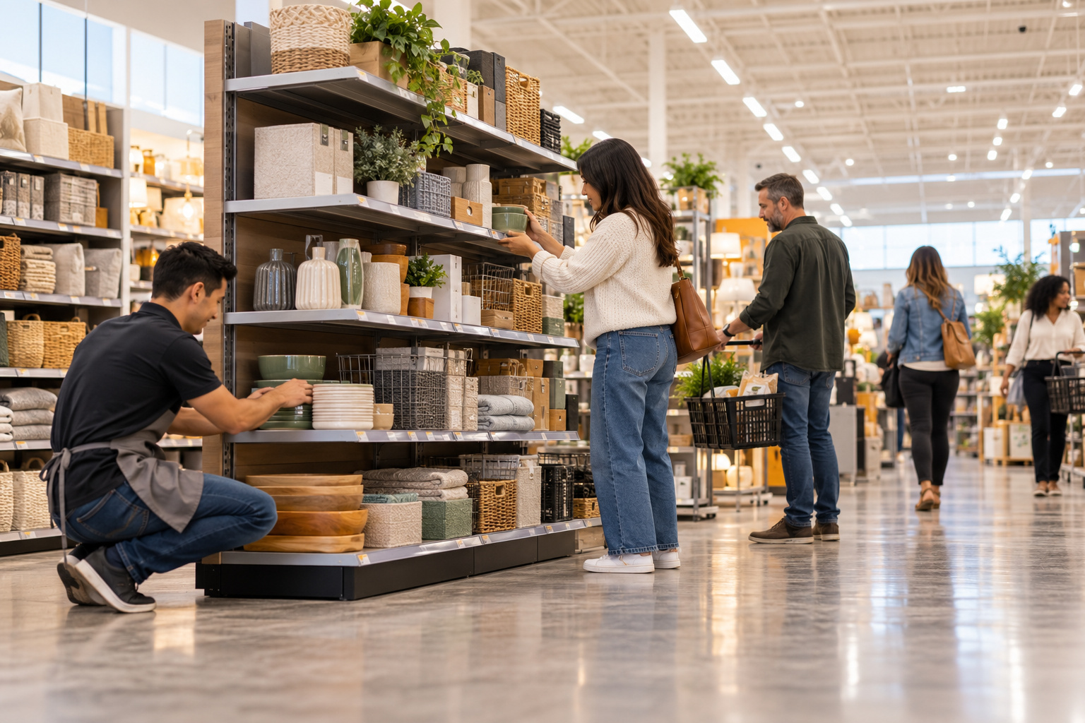 Customers browse an organized home-goods display while an employee tidies the remaining stock.