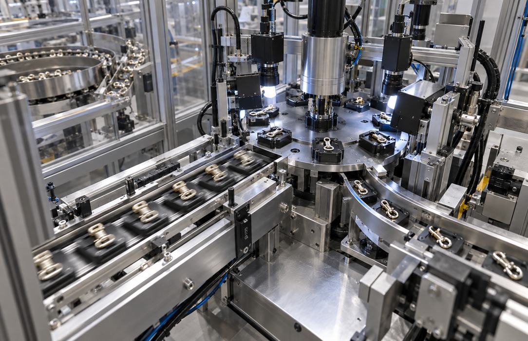 Compact automated line rotating small plated clasps through multiple inspection positions within existing handling equipment.