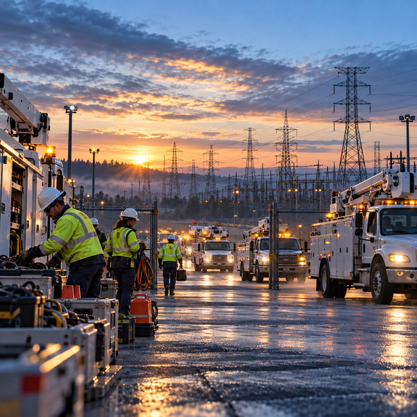 Utility crews and service vehicles preparing to deploy from a substation operations depot at sunrise.