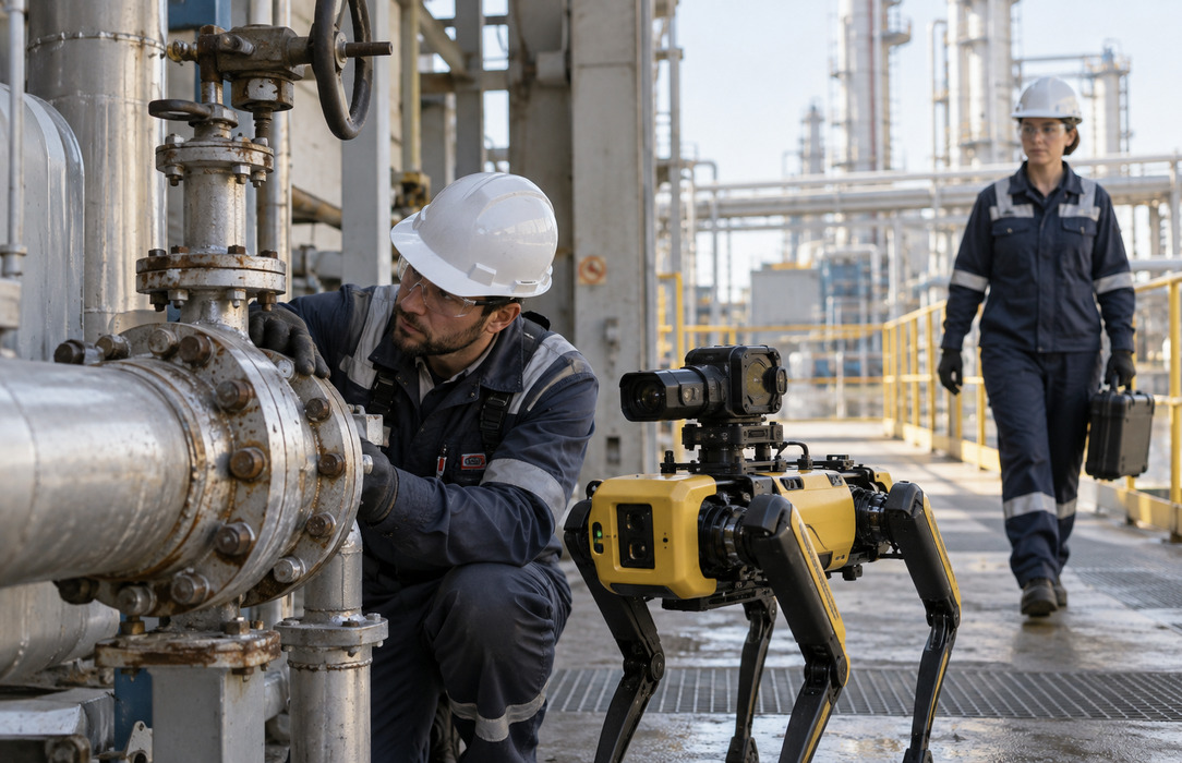 Maintenance engineer examining a pipe flange beside an inspection robot as a second technician approaches in a chemical plant.