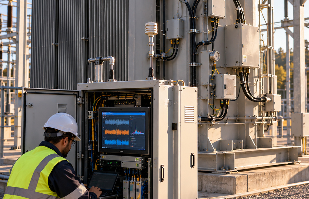Substation technician reviewing diagnostic information at an open monitoring cabinet beside a power transformer during a controlled technical validation activity.