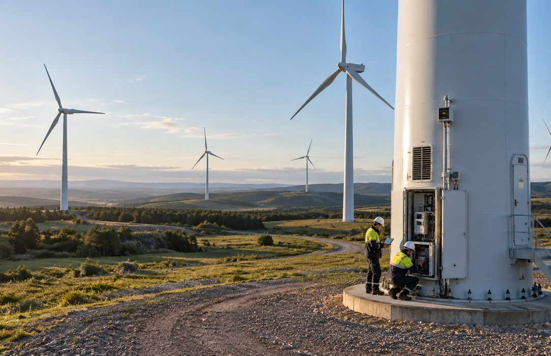 Two technicians work at a wind turbine within a wider wind farm, reflecting the need to coordinate engineering and site activity while preserving traceability across project stages.