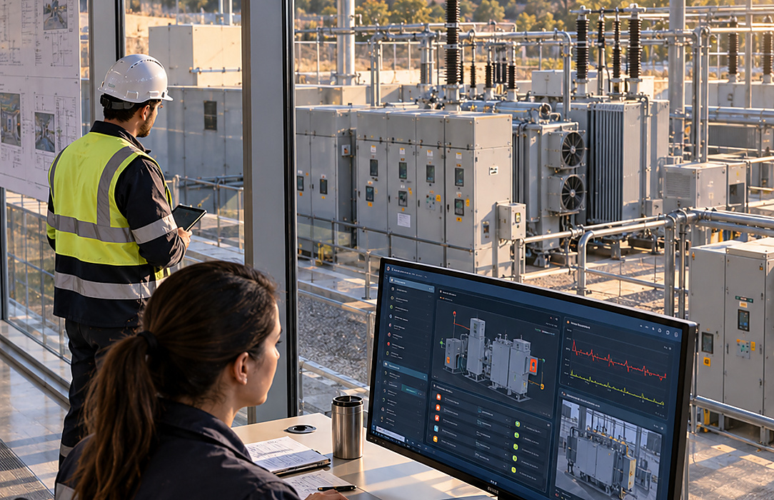 Control-room operator and field technician work across the same substation environment, highlighting the need for a common operational record.