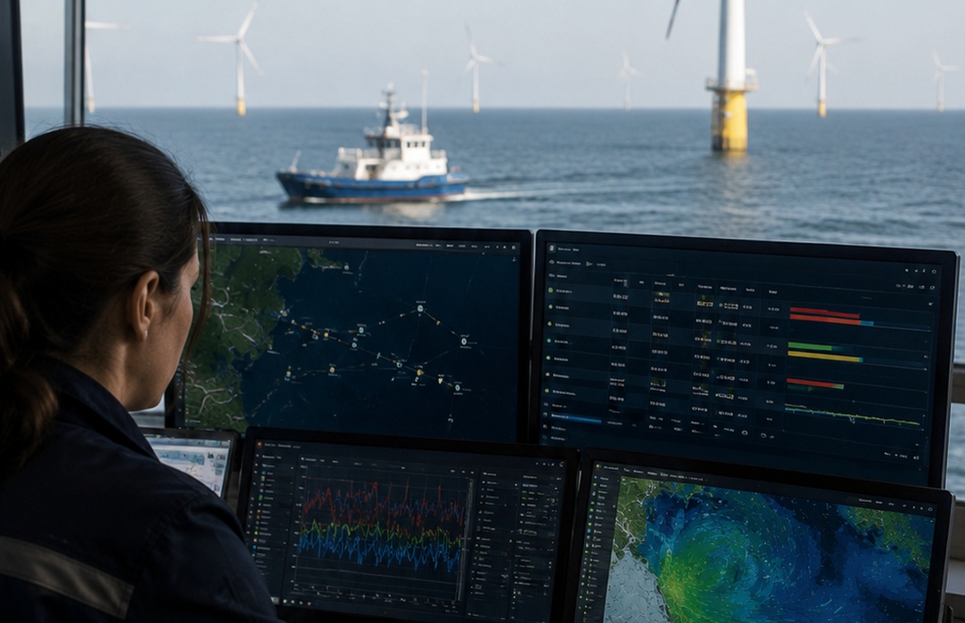 Wind-farm operations specialist reviewing multiple digital monitoring screens with turbines visible outside, representing the need to turn field evidence into maintenance information.