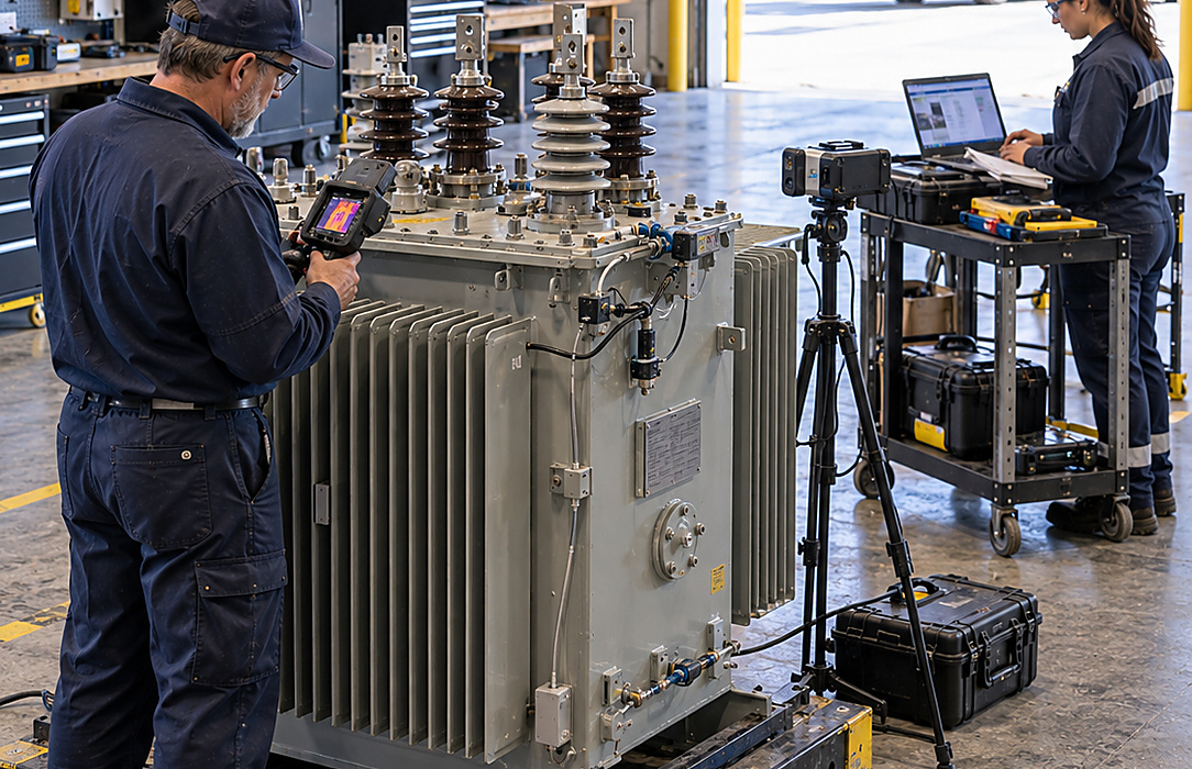 Technicians inspect a power transformer using thermal equipment, a laptop and imaging hardware inside a utility maintenance workshop.