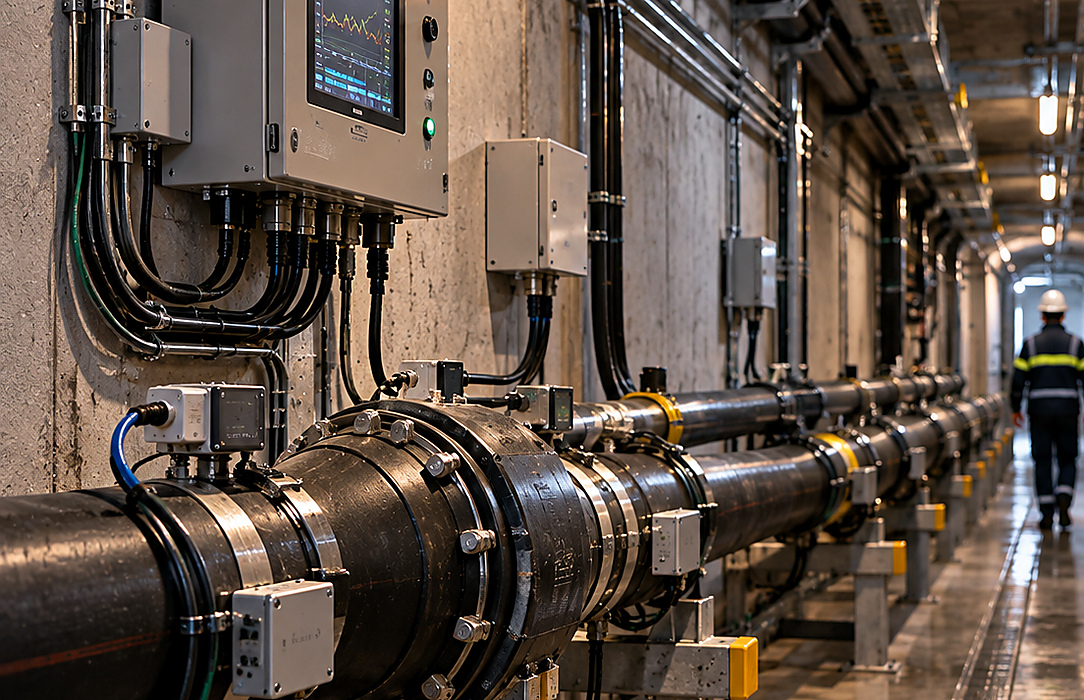Instrumented utility tunnel with monitored cable and pipe infrastructure and a technician walking through the maintenance corridor.