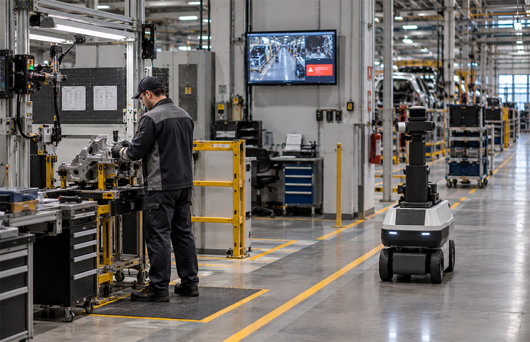 Worker in a quieter vehicle assembly support area as an autonomous patrol robot approaches to monitor a lone-worker condition.
