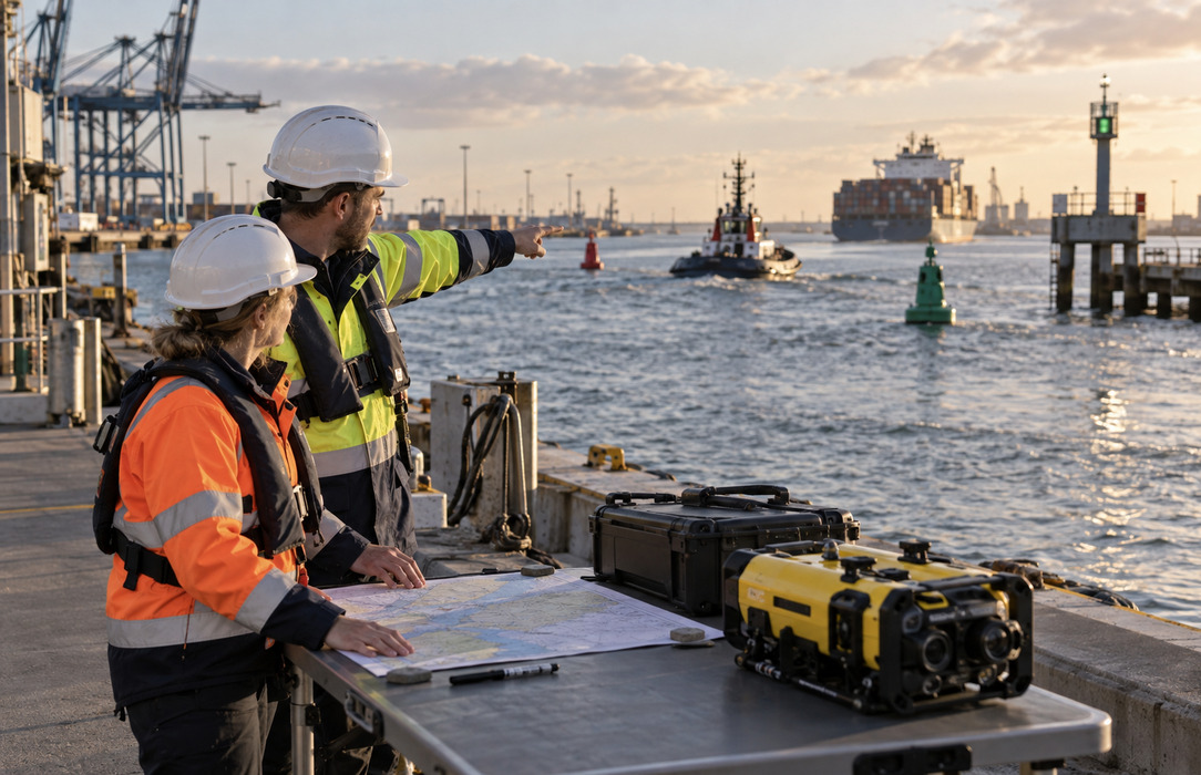 Maritime operations specialists coordinate an underwater inspection mission beside an active commercial harbor channel.