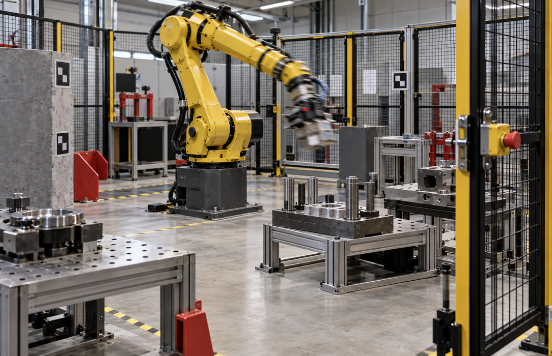 Industrial robot moves between calibration fixtures in a guarded test cell used to validate its path before deployment.