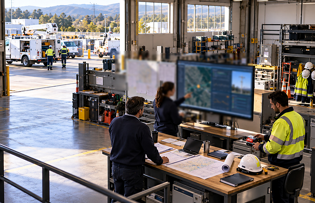 Utility operations, maintenance and field specialists coordinating around separate plans, devices and records in a service depot.