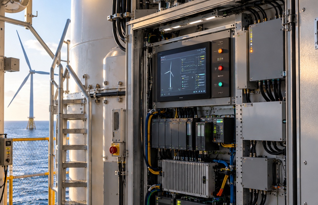 Wind turbine electrical and control equipment inside an offshore asset, with the sea and another turbine visible through the access opening.