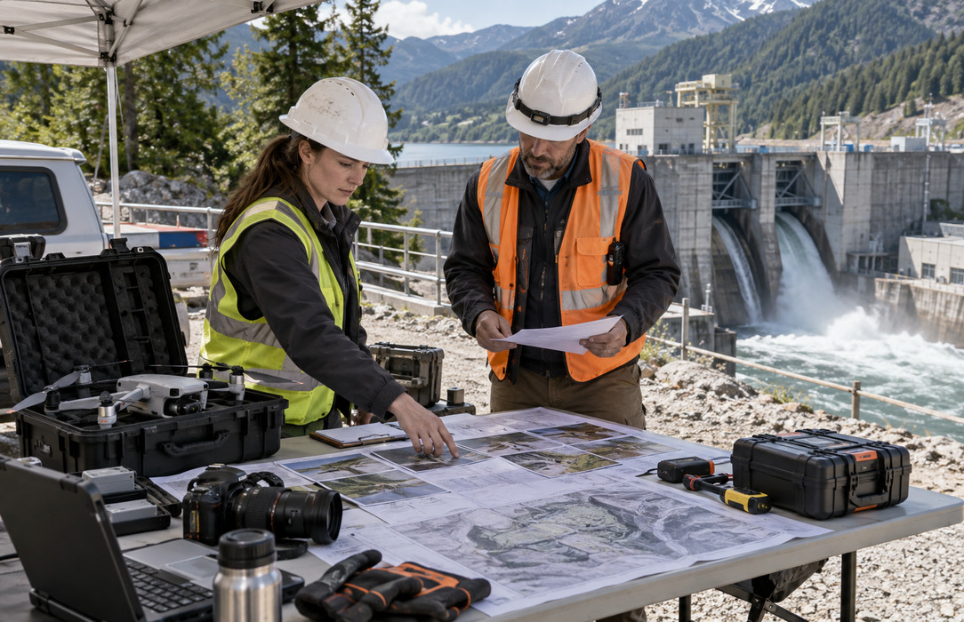Engineering and maintenance staff organize drone inspection evidence beside a hydroelectric facility.