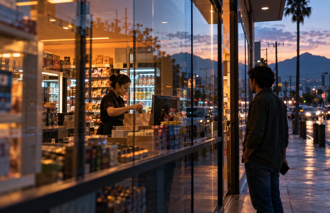 Customer waits outside a convenience store while an associate prepares an order inside, with glass reflections linking the physical and digital shopping journey.