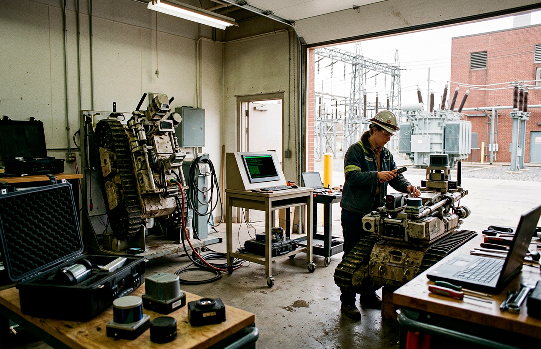 Utility robotics deployment bay where inspection robots are maintained and prepared for repeatable field operations.