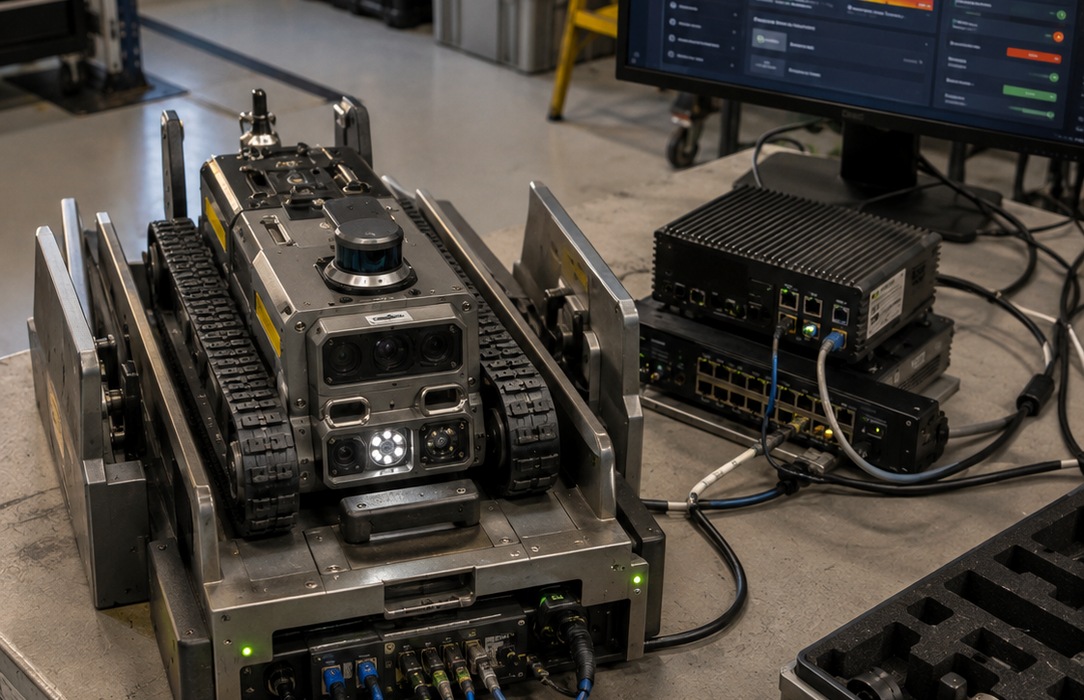Tracked inspection robot positioned in a docking and charging station beside industrial computing equipment and inspection monitoring screens.