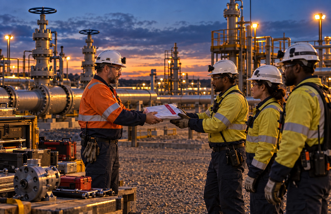 Maintenance lead hands a work pack to a field crew during shift change at a gas valve yard.