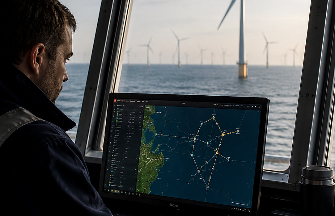 Offshore wind operator using a conventional monitoring screen inside a vessel bridge while turbines are visible through the windows.