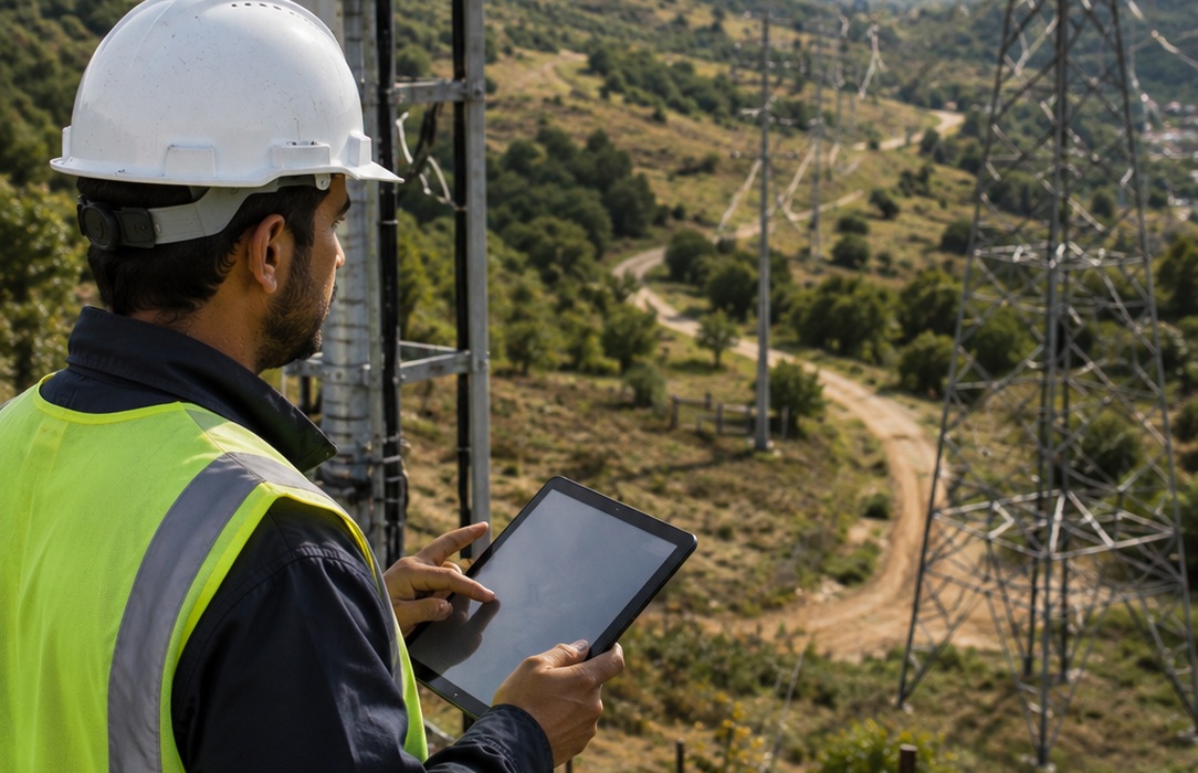 A utility field engineer uses a tablet while overlooking a transmission corridor and surrounding vegetation, supporting risk-based maintenance prioritization.