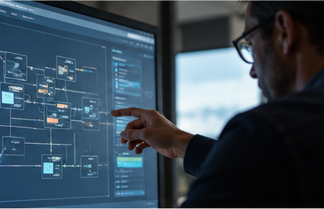 Energy systems architect reviewing a complex application flow on a large conventional screen, representing the need to sequence initiatives, dependencies and ownership before implementation.