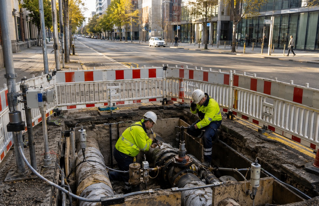 Gas utility crew working inside a protected urban excavation around a pipeline valve and joint, representing the need to connect risk decisions with traceable field interventions.