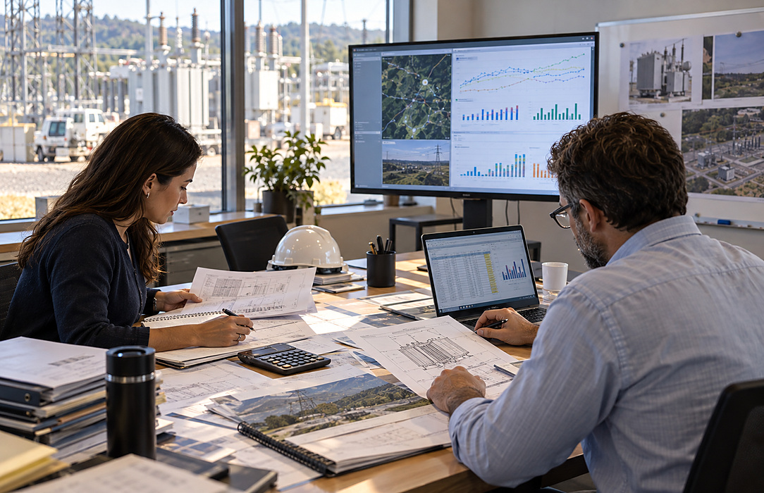 Utility cybersecurity and engineering professionals review transmission-site plans, asset information and mitigation priorities in a substation planning room.