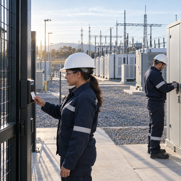 Two utility specialists use secure physical access controls at a battery storage facility connected to an electrical substation.