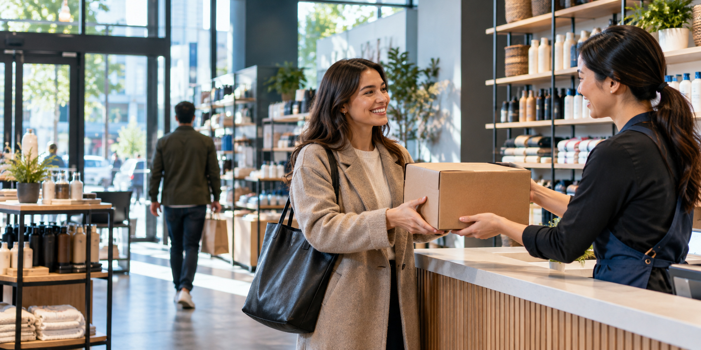 Store associate hands a packed online order to a customer at a retail pickup counter.